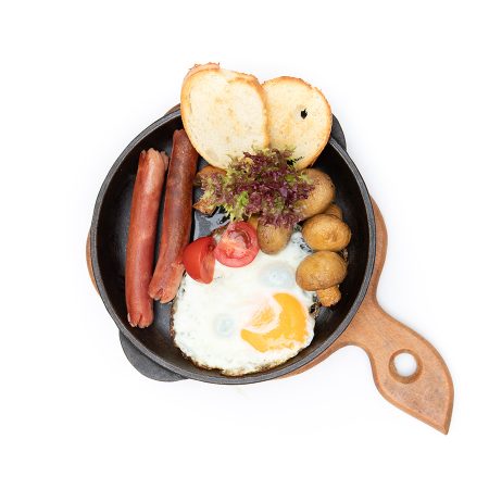 Fried eggs with sausages and mushrooms